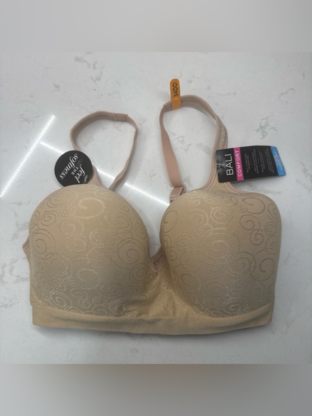 NWT Bali Comfort Wireless Beige Everyday Bra with Subtle Swirl Pattern 34DD